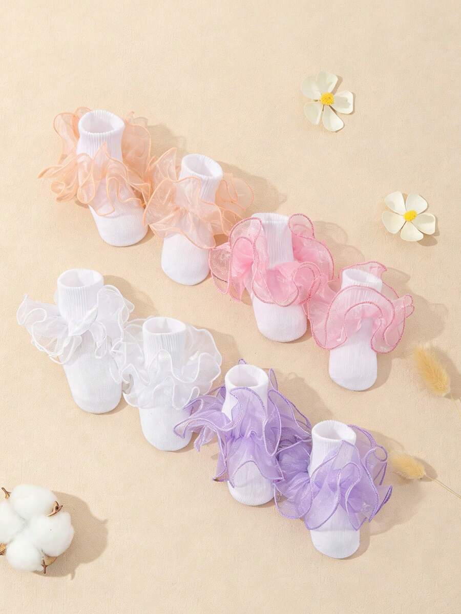 4 Pairs Girls' Sweet Cute Solid Ruffle Trim White Ankle Socks, Suitable For Girls' Daily Life And Outdoor Activities - Multicolor - View 1