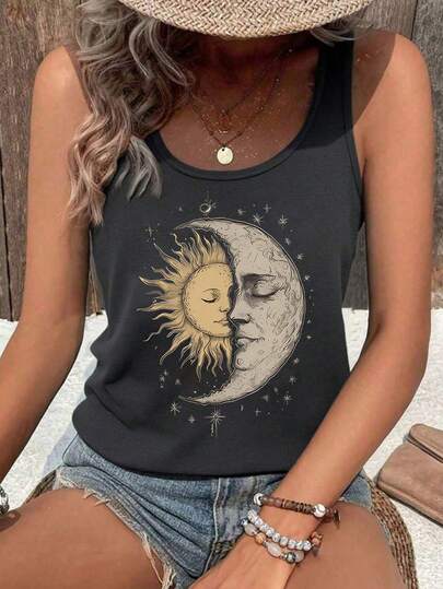 复古日月图案夏季印花T恤，女士印花T恤，加大码无袖休闲圆领背心