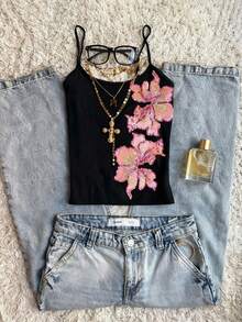 两件套 - 刺绣花卉亮片吊带无袖背心，优雅外出、派对、夏季、度假女装，休闲黑色 - 黑色 - 查看 2