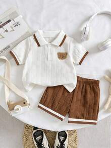 2件套男婴提花Polo衫和休闲短裤套装，夏季 - 棕色 - 查看 1