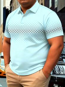 加大码男士几何印花短袖 Polo 衫，涤纶面料翻领 T 恤，适合休闲、商务、运动、户外活动、高尔夫、夏季 - 淺藍色 - 查看 9