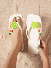 Women's Fashion Flat Flip Flops, Adorable Realistic Fruit (Lemon Slice, Pineapple, Orange Etc.) Decor, White Lightweight Comfortable EVA Slippers, Outdoor Non-Slip Thong Sandals, Suitable For Summer, Beach, Travel, Swimming And Vacation - White - View 3