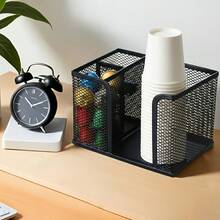1pc 3-Tier Metal Grid Coffee Station Storage Rack, Modern Black Cup & Lid Holder, Multi-Function Coffee Capsule & Sugar Bag Organizer Suitable For Office, Lounge, Kitchen Countertop - Multicolor - View 6
