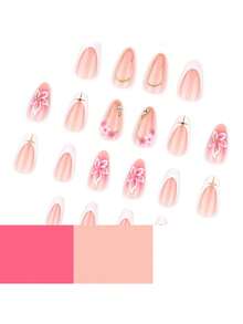 24pcs Short Flat Almond Shaped False Nails, 3D Handmade Minimalist White Flower Pattern, Wearable, Full Coverage Removable, Suitable For Women's Party, Dance And Daily Use - Pink - View 4