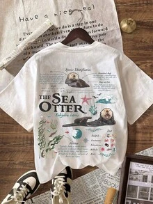 Camiseta Vintage Sea Otter Biology, Camiseta Casual de Cuello Redondo y Manga Corta, Camiseta de Talla Grande - Camiseta Casual de Cuello Redondo y Manga Corta para Mujer, Blanca de Verano - Verde - Ver 2