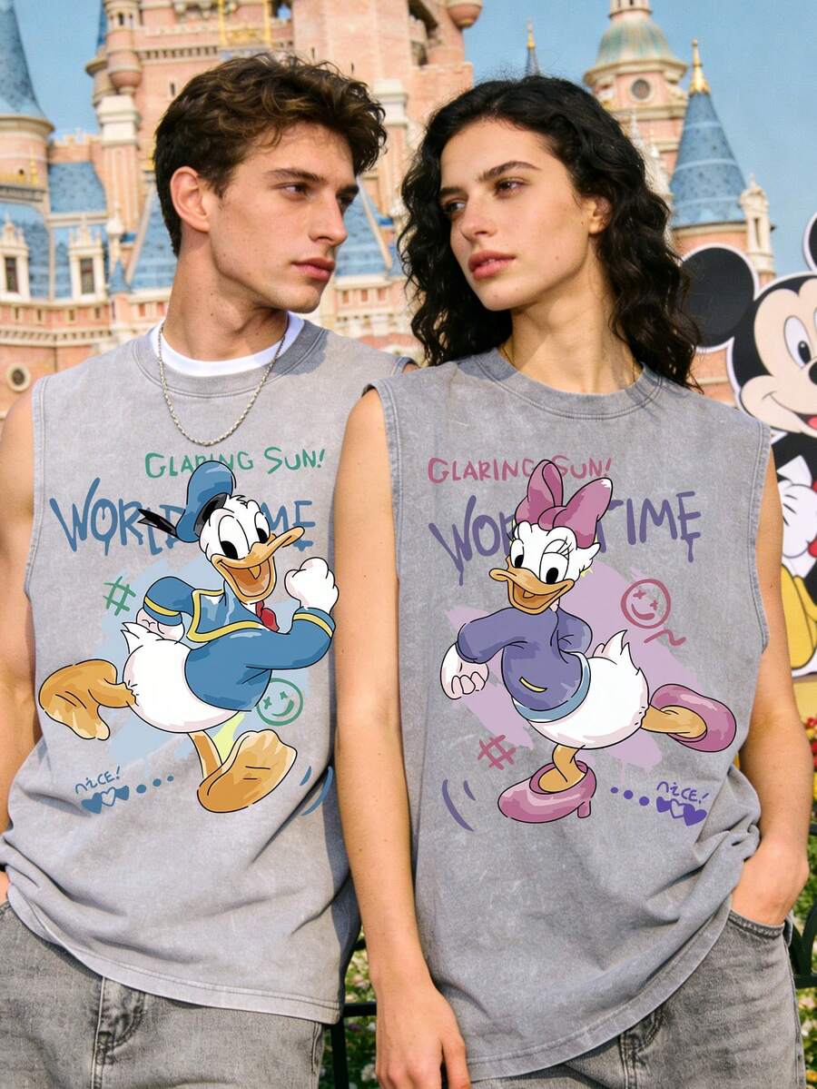 Disney Donald Duck & Daisy Duck Energetic Couple Set 230GSM Vintage Washed Streetwear Tank Top, Casual Couple Tank Top - 女士2 - 查看 1