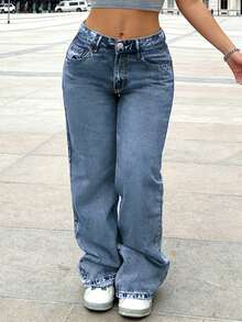 Jeans rectos de color claro clásicos para mujer con bolsillos traseros bordados, uso casual de todos los días para primavera - Azul lavado oscuro - Ver 2