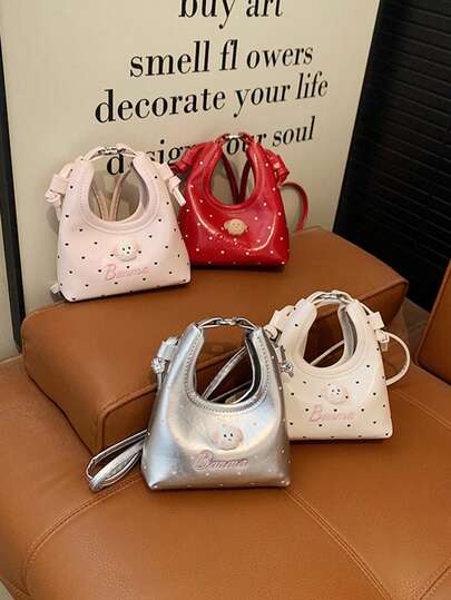 1个多色波点印花+卡通小狗刺绣+字母压纹亮面PU皮革迷你水桶包，甜美少女风，适合日常通勤