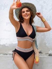 Elegant Sexy Deep V Neck Bikini Set For Women With Tie Side Drawstring Bottom And Tummy Control Detail High Stretch Fabric Backless Design - Black - View 1