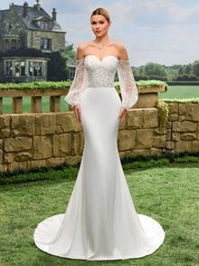 Đầm dạ hội trang trọng tay cánh hoa, đầm cưới đuôi cá, đầm cô dâu - trắng - Xem 5