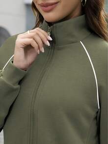 Women's 2 Piece Sweat Outfits Casual Lounge Zip Up Sweatshirt Wide Leg Jogging Pants Striped Track Suit Set - Olive Green - View 3