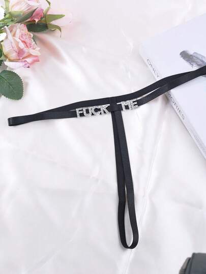 1pc Sexy Underwear, Women's Sexy Thong, A-Line Low Waist Three-Point Bikini Black Sexy Lingerie, Sexy Lingerie, Sexy Alluring Spaghetti Strap With Rhinestone Letter, Hollow-Out Panties