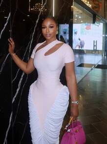 Vestidos Elegantes De Mujer Vestidos Dresses For Women Formal Dresses For Women Dresses For Women Elegant Prom Dresses Formal Dresses For Women Formal Gowns For Women Evening Elegant Short-Sleeved, Slanted Collar, Cut-Out And Pleated Slim Long Dress - Hồng - Xem 4