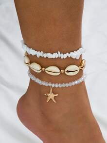 3pcs Casual Classic Retro Versatile Bohemian Style Summer Beach Vacation Series Faux Pearl Shell Starfish Pendant Anklet Set, Women Beach Jewelry - Multicolor - View 9