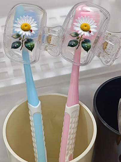 向日葵图案印花牙刷架便携组合套装，包含便携式牙刷套、旅行牙刷收纳盒、便携式牙刷头保护夹、牙刷收纳夹、防尘牙刷保护套，适合居家旅行使用，保护您的牙刷，清洁呵护您的口腔健康。