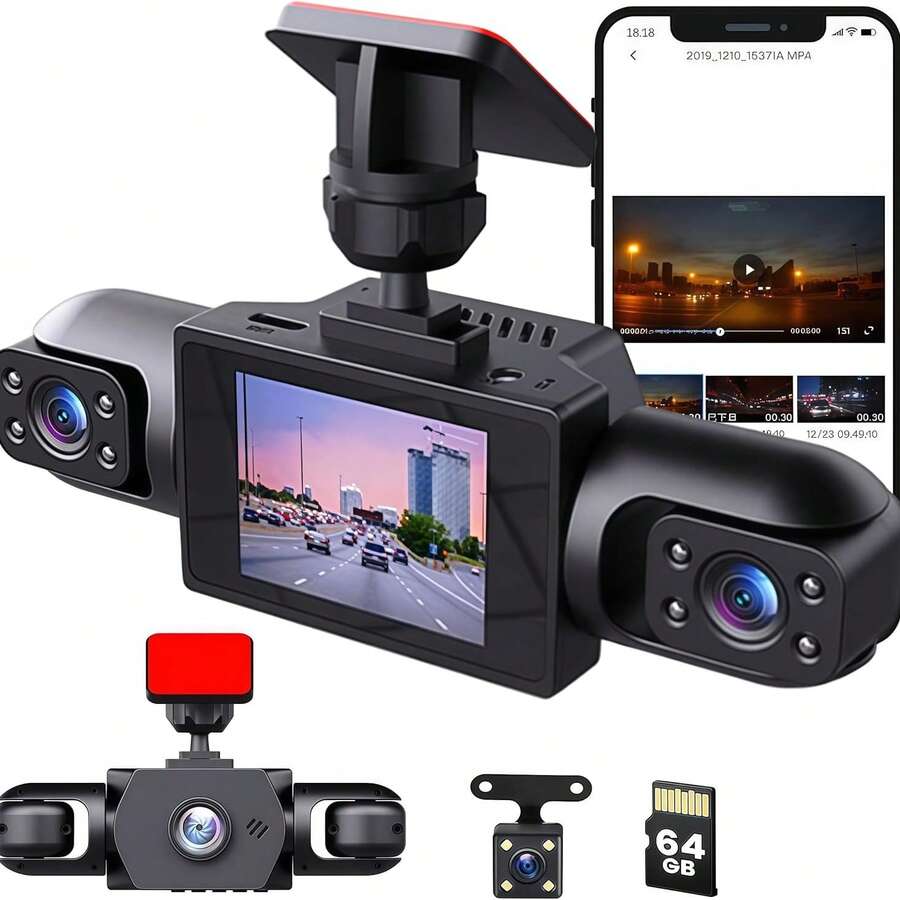 Nueva Cámara de Salpicadero 2026 de 4 Canales Full HD 1080P con Cámaras Frontal y Trasera, Visión Nocturna Infrarroja, Sensor G, Modo de Monitoreo de Estacionamiento (Versión Mejorada de 150mAh) - A - Ver 1