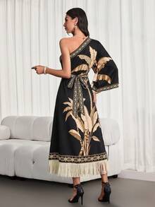 Women's Tropical Rainforest Print Fringe Hem Dress, Suitable For Daily Commute And Casual Vacation. This New Spring/Summer Printed Dress Features A Casual Elegant Style Black - Black - View 2