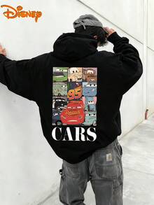 Disney Men's Casual Hoodie, LMQ & Cars Character Grid Print, Nostalgic Cartoon Design, Relaxed Fit, Ideal For Disney Fans & Daily Streetwear - 黑色 - 查看 2