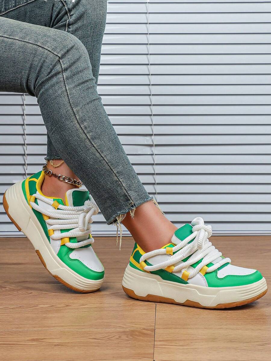 女士休闲运动鞋，时尚白绿撞色低帮厚底鞋，TPR防滑鞋底，男女通用，适合节日礼物、工作通勤、旅行、购物，厚底运动鞋