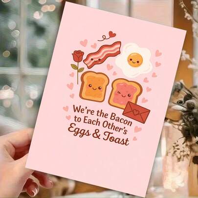 1 Thiệp Tình Yêu Kawaii Đáng Yêu Kèm Phong Bì (11cm x 16cm & 4.33in x 6.29in) - "Chúng ta là thịt xông khói của nhau, còn trứng và bánh mì nướng" Với hình minh họa chủ đề bữa sáng dễ thương gồm thịt xông khói, trứng và bánh mì nướng đang mỉm cười, được bao quanh bởi trái tim và một bông hồng trên nền hồng nhạt, hoàn hảo để bày tỏ tình cảm và sự lãng mạn tinh nghịch, Thiệp Chúc Mừng Đáng Yêu | Thiệp Valentine | Thiệp Giấy