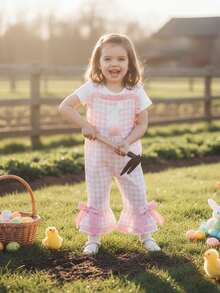 Monos para niñas, bonitos pantalones acampanados con lazos de conejo a cuadros, ropa de Pascua para uso diario informal. - Rosa - Ver 4