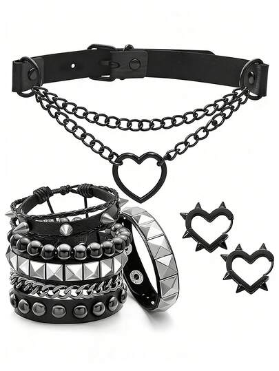 2/6 Pcs Punk Studded Bracelets Grunge Gothic Necklace Earrings Jewelry Set 80s Alt PU Emo Bracelets Goth Heart Chain Choker Layered Cross Necklace Y2K Spike Heart Earrings For Women Men