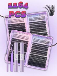 1164PCS/582PCS Fluffy Lash Clusters, Individual Lash Clusters, Eyelash Clusters, Mega Volume Lashes, 80D+100D+120D+150D Thick Fluffy Faux Mink Lash Clusters, D/DD Curl, 0.31-0.63 Inch Lash Extensions, Black Individual Lashes, Dramatic Wispy Lashes, DIY Lash Extensions At Home, Wedding Bride Makeup Tools, With Lash Glue, Tweezers & Brush, Valentine's Day,  Gras, Festive Glam Beauty, Eye Lash Clusters, Individual Eyelashes, Lashes, Fake Lashes - 紫色-1 - 查看 12