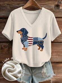 (Free Shipping) Women's Valentine's Day & Mother's Day Gift Pink V-Neck Cotton Knit Top Cute Dog Print Short Sleeve T-Shirt - 白色1 - 查看 2