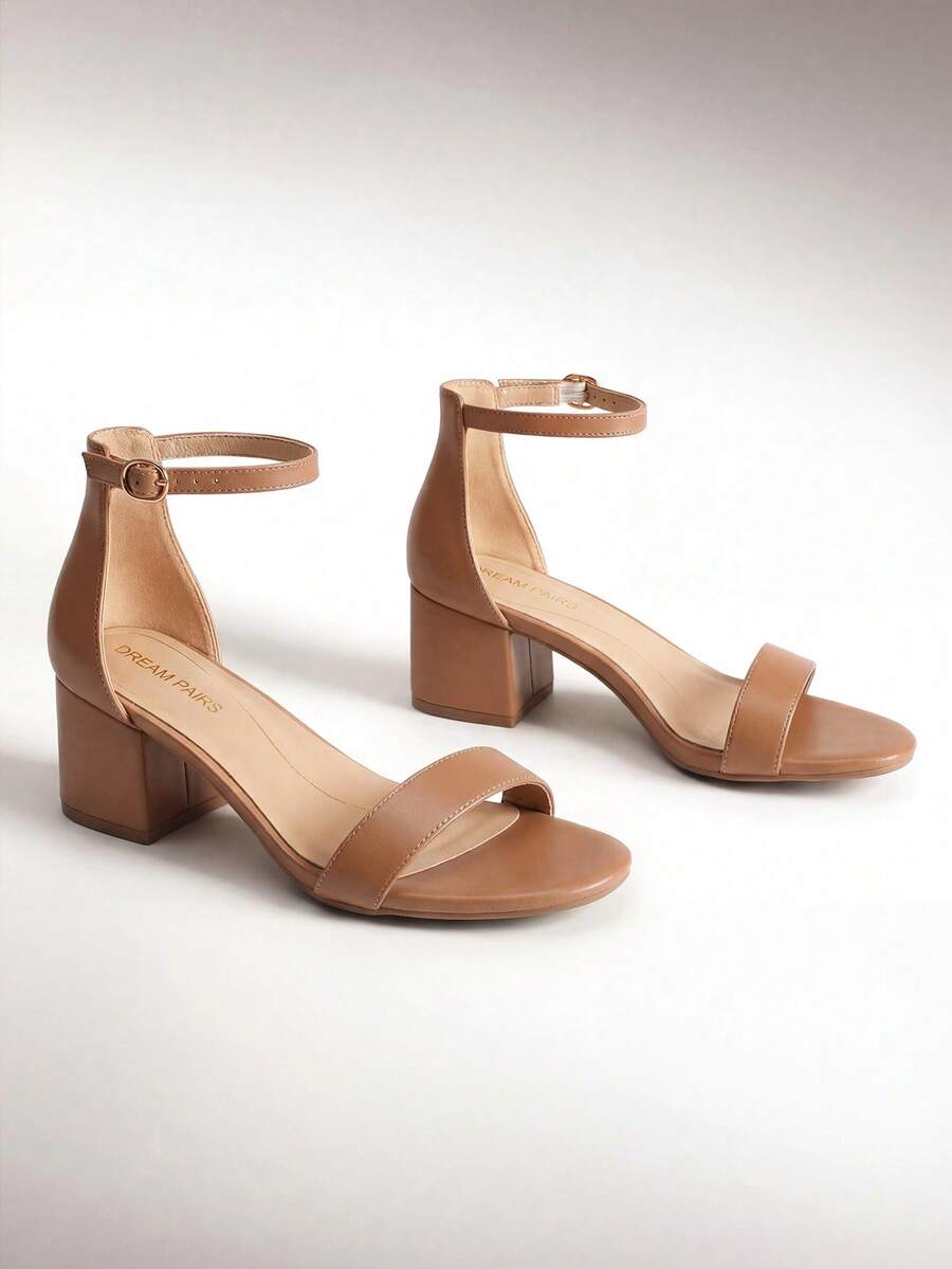 Women Chunky Low Heel Summer Sandals, Elegant Open Toe Ankle Strap Low Heeled Sandals For Causal And Wedding Party Wearing - Màu khỏa thân - Xem 1