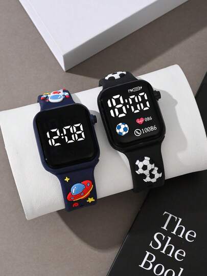 2pcs/Set Fashion Classic Astronaut Space Football Digital Square LED Children's Watch. Suitable For Back To School. Strap Style Electronic Watch. Suitable For Daily Life, Sports, School Gatherings And Travel. An Ideal Gift For Friends, Birthdays, Graduation Season. The Perfect Gift For Boys And Girls.