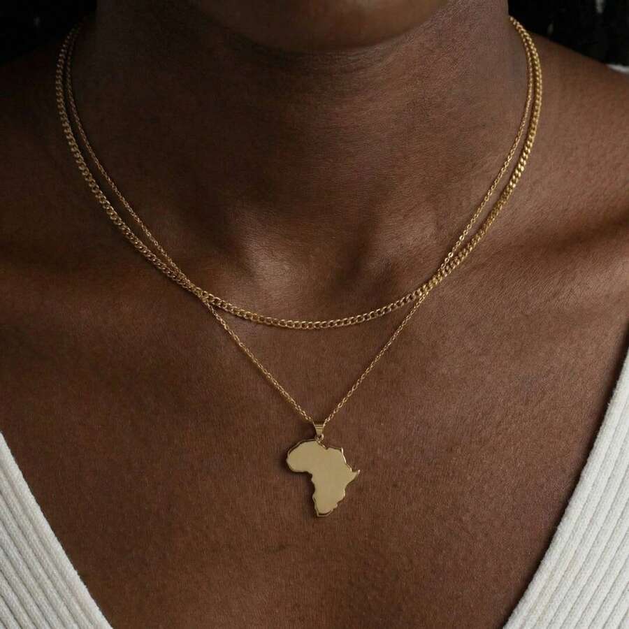 18K金非洲项链，女士款式，金色非洲吊坠，旅行项链，日常项链，精致珠宝礼品 - 金色 - 查看 1