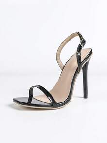 女士时尚高跟凉鞋，PU皮革，单带，后跟带，夜店风，派对，露趾，露跟，经典方头凉鞋，夏季，户外，常规款，女士黑色凉鞋，高跟凉鞋，搭扣，涂漆鞋跟，细跟，性感，简约 - 黑色 - 查看 9