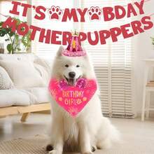 Set de pañuelo, sombrero de fiesta con números, pancarta de cumpleaños y corbatín para perros grandes, decoraciones de fiesta de color rosa - Grande - Ver 6