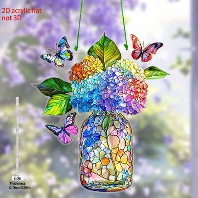 2D Flat, 1pc, Charming Hydrangea Flower Vase Hanging Decor - Colorful Acrylic Window Hanging Decoration, Ideal For Home And Garden Decor, Exquisite Gift For Mom, Grandma, Family And Friends