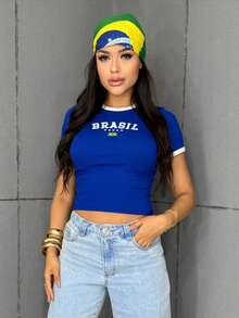 Women's Cropped Blouse With Brazil Logo, Round Neck, Short Sleeves, World Cup 2026 - Blue - View 1