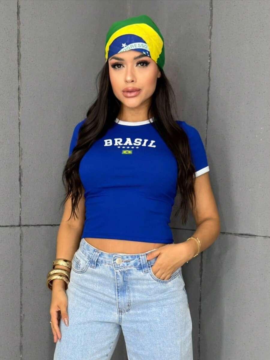 Women's Cropped Blouse With Brazil Logo, Round Neck, Short Sleeves, World Cup 2026 - Blue - View 1