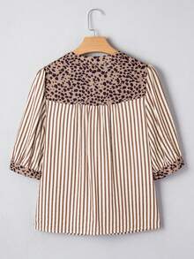 Acelitt Brown Striped & Leopard Print V-Neck Button Casual Short Sleeve Shirt, Spring/Summer - Multicolor - View 4