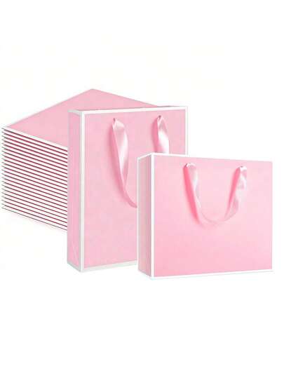 10pcs Landscape Style Kraft Paper Gift Bags, Gift Bags With Handles, Horizontal And Vertical Styles, Horizontal Paper Gift Bags For Wedding Thanks Bridesmaid, Women Men, Holiday Shopping, Retail Gift Bags Valentine's Day Bridal Bouquets, With Handles For Birthday Wedding Bridesmaid Party Favor Shopping Retail Gift Sacks (White-Pink)