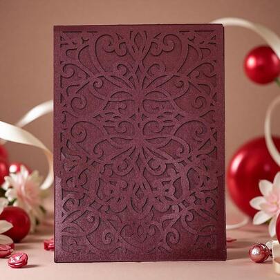 Set Laser Cutting Burgundy Invitation Card Greeting Card Graduation Party Wedding Birthday Party Hollow Invitations Flip Invitation Pocket With Envelope (Burgundy)
