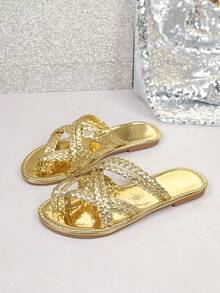 1双夏季时尚软底透气不疲劳户外金色编织人字拖 - 金色 - 查看 7