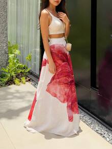 Women's Casual Linen Floral Print Skirt, Elastic High Waist Loose A-Line Flared Skirt, Elegant Summer Dress For Romantic Date, Wedding & Vacation - 白色 - 查看 5