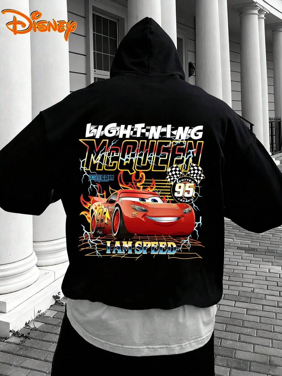 Disney Men's Casual Hoodie, Lightning McQueen "I Am Speed" Print, Bold Racing Design, Comfortable Fit, Perfect For Energetic Style & Streetwear - 黑色 - 查看 1