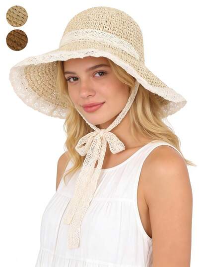 1pc Women's Wide Brim Straw Sun Hat, Soft Beach Hat For Spring & Summer, UV Protection, Crochet Knitted Foldable Bucket Hat