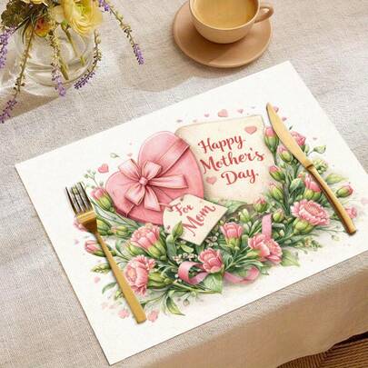 1pc Mother's Day Placemat, Carnation Pattern, Outdoor Dining Table Mat, Suitable For Family Party Decoration, Linen Placemat, Breakfast Mat, Kitchen Accessory, Easy To Clean Dining Mat, Fit For Home, Restaurant, Restaurant Decor, 2/4/6/8 Set