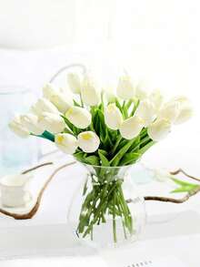 10支仿真白色郁金香，春夏郁金香，仿真春季花卉，深绿色叶子，逼真郁金香花，婚礼花束家居花园DIY插花，母亲节毕业装饰，派对中心摆件，户外花园装饰（乳白色） - 乳白色 - 查看 6