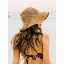1pc Women Fashion Straw Hat, Outdoor Beach Sun Hat, Braided Fisherman Hat For Summer Beach Holiday Sun Protection, Foldable Large Brim Sun Hat, Gift & Daily Use - Màu be - Xem 11