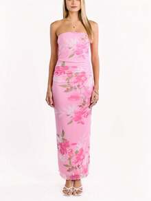 ALA Women's New Summer Bohemian Style Elegant Floral Print Tube Bandeau Slim Fit Dress, Sexy Y2K Bohemian Vacation Summer Outfit, Suitable For Summer Outings, Dates, Beach Vacations, Parties, Independence Day - Multicolor - View 7