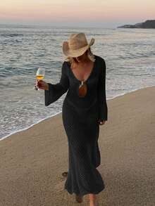 女士镂空V领搭扣高开衩优雅性感纯色长袖直筒针织长裙沙滩罩衫，宽松泳衣外套，钩针比基尼罩衫，春夏秋季 - 黑色 - 查看 3