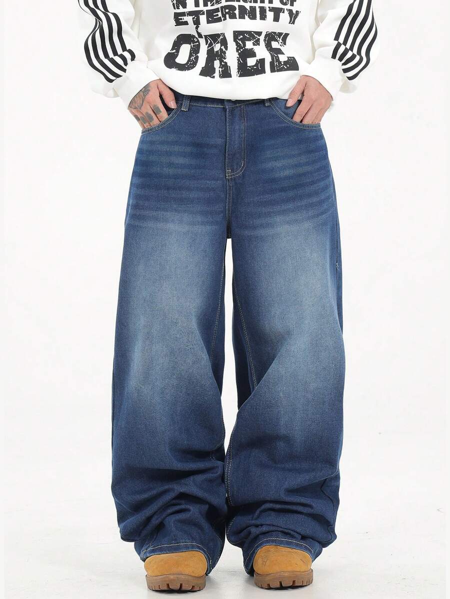 1件 Justice Brother 男士宽松水洗牛仔休闲阔腿牛仔裤（不含腰带/配饰） - 寶藍色 - 查看 1