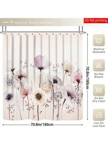 1/4pcs Bohemian Floral Butterfly Bathroom Curtain Set, 72in*72in - Poppy, Dandelion & Butterfly Pattern Waterproof, Durable Bathroom Accessories - Includes Toilet Seat Cover, U-Shaped Toilet Mat And Non-Slip Floor Mat, Made Of Knitted Polyester Fabric - Washable, Mildew-Resistant - Suitable For Spring, Home/Hotel/Dorm/Outdoor/School Dormitory/Western/Holiday Bathroom Decor, Back To School Essential, Housewarming Gift[Comes With 12 Hooks] - Fresh Flowers - View 7